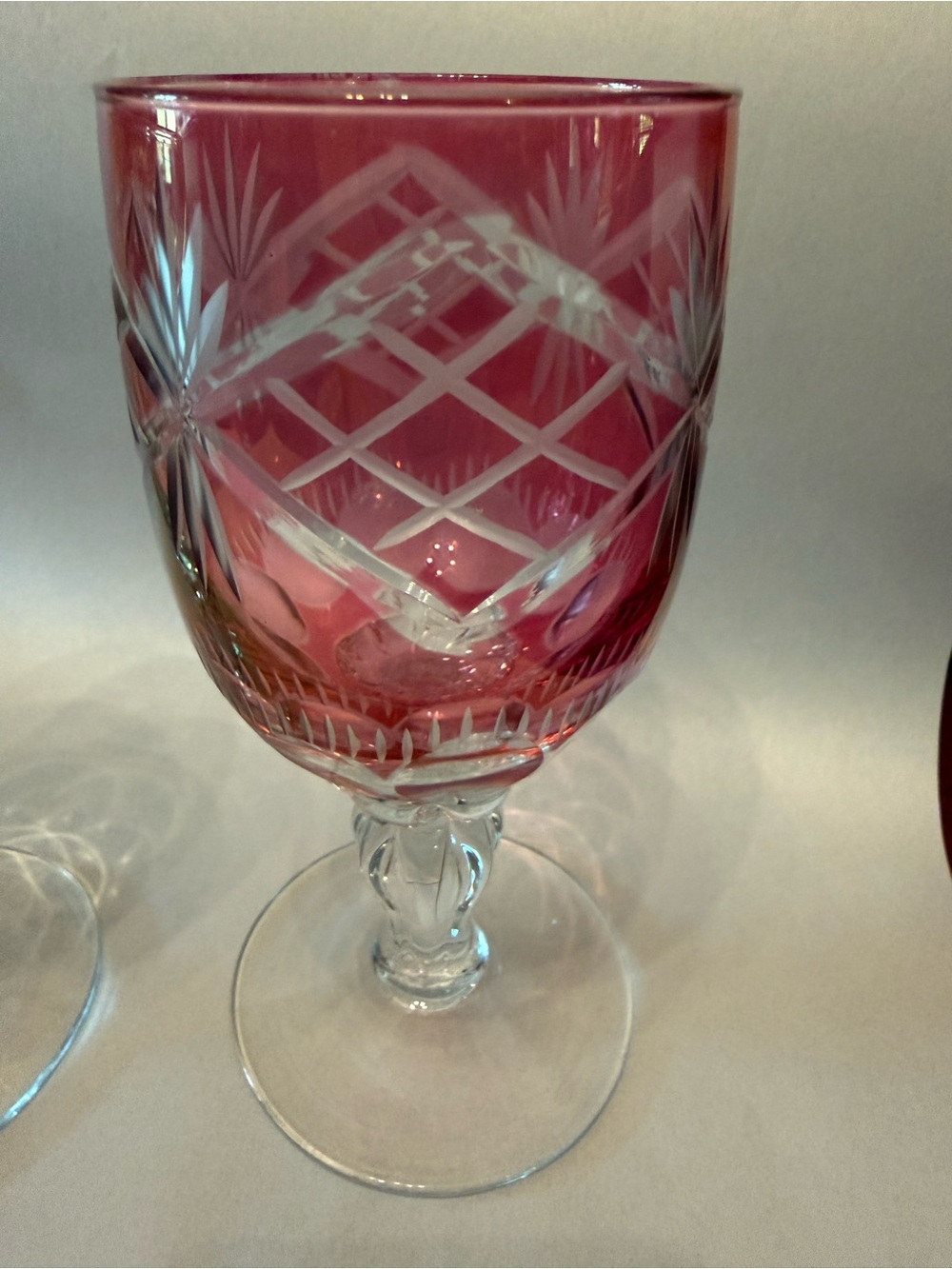 Cut Crystal Wine Goblet - Pink and Light Green set of two (2) - Picture 3 of 7